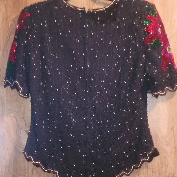 Size L Gorgeous Vintage Laurence Kazar Beaded Pointsettia Top - Picture 3 of 6